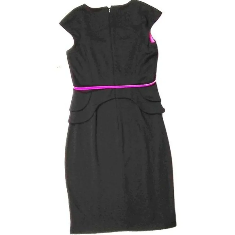 Sangria Peplum Black Pink Belted Cap Sleeve Sexy Dress Size 4 Corporate Femme